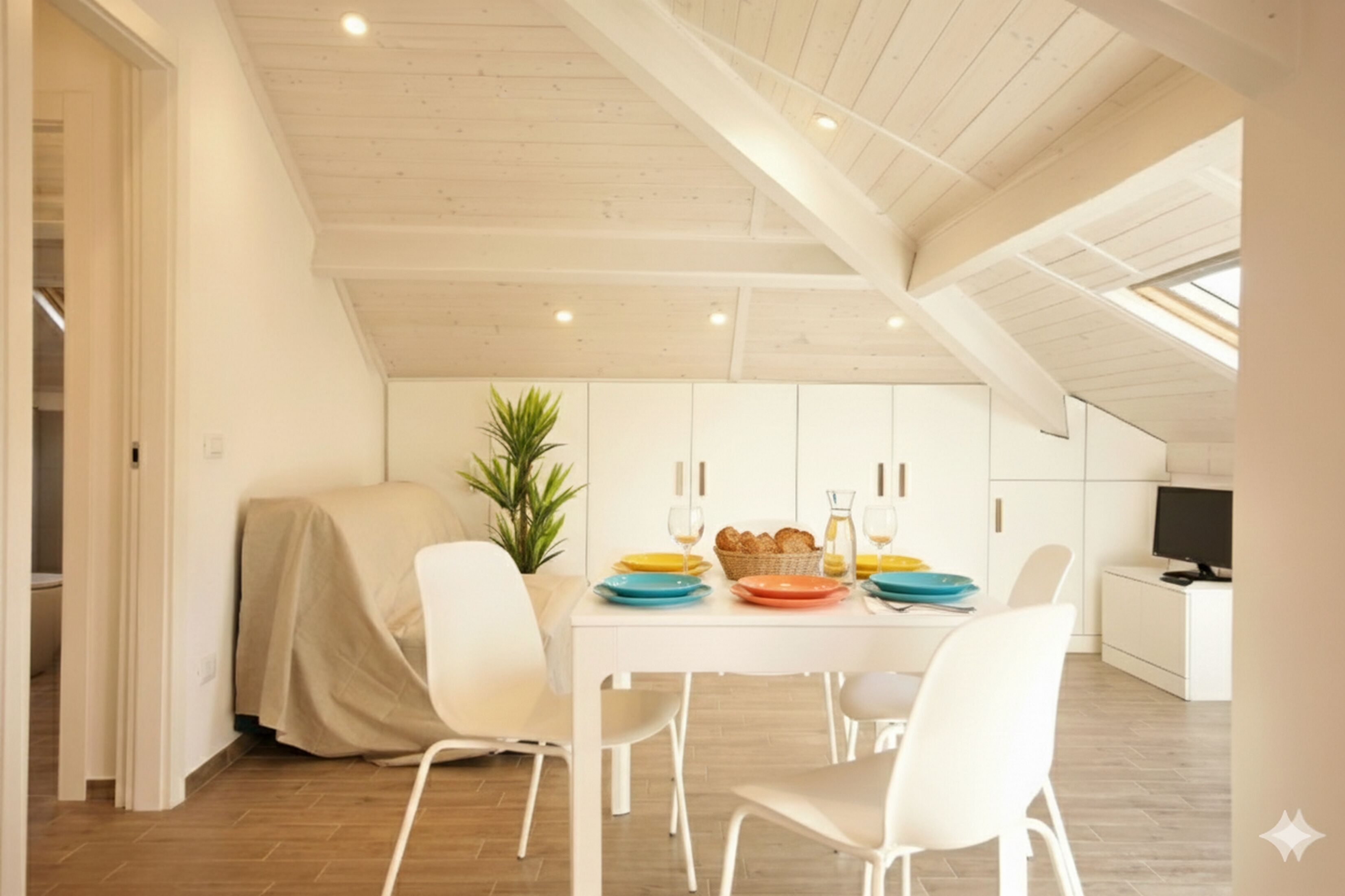 A dining area with a white table set for four, a potted plant, and a television on a cabinet.
