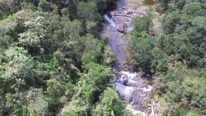 A natural landscape with a river flowing through a forested area. - Duplex apartment in a guesthouse in the Bocaina mountains with a view of the lake. (Bananal)