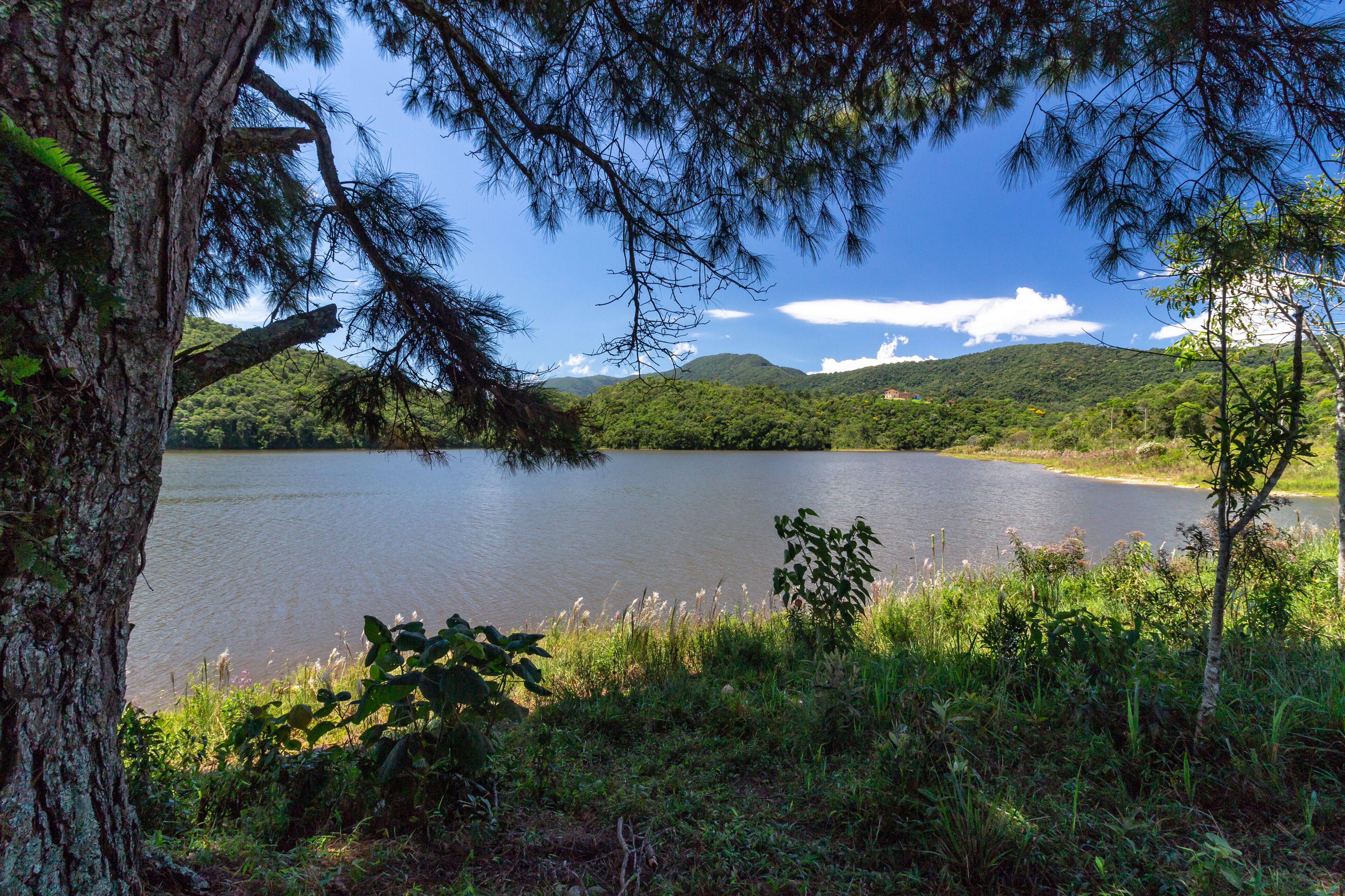 A lake surrounded by trees and hills.