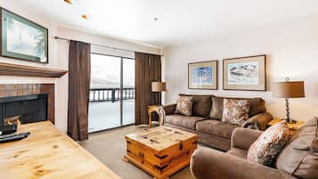 Smart TV, fireplace, DVD player, books