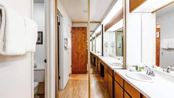 Combined shower/bathtub, jetted bath, hair dryer, towels