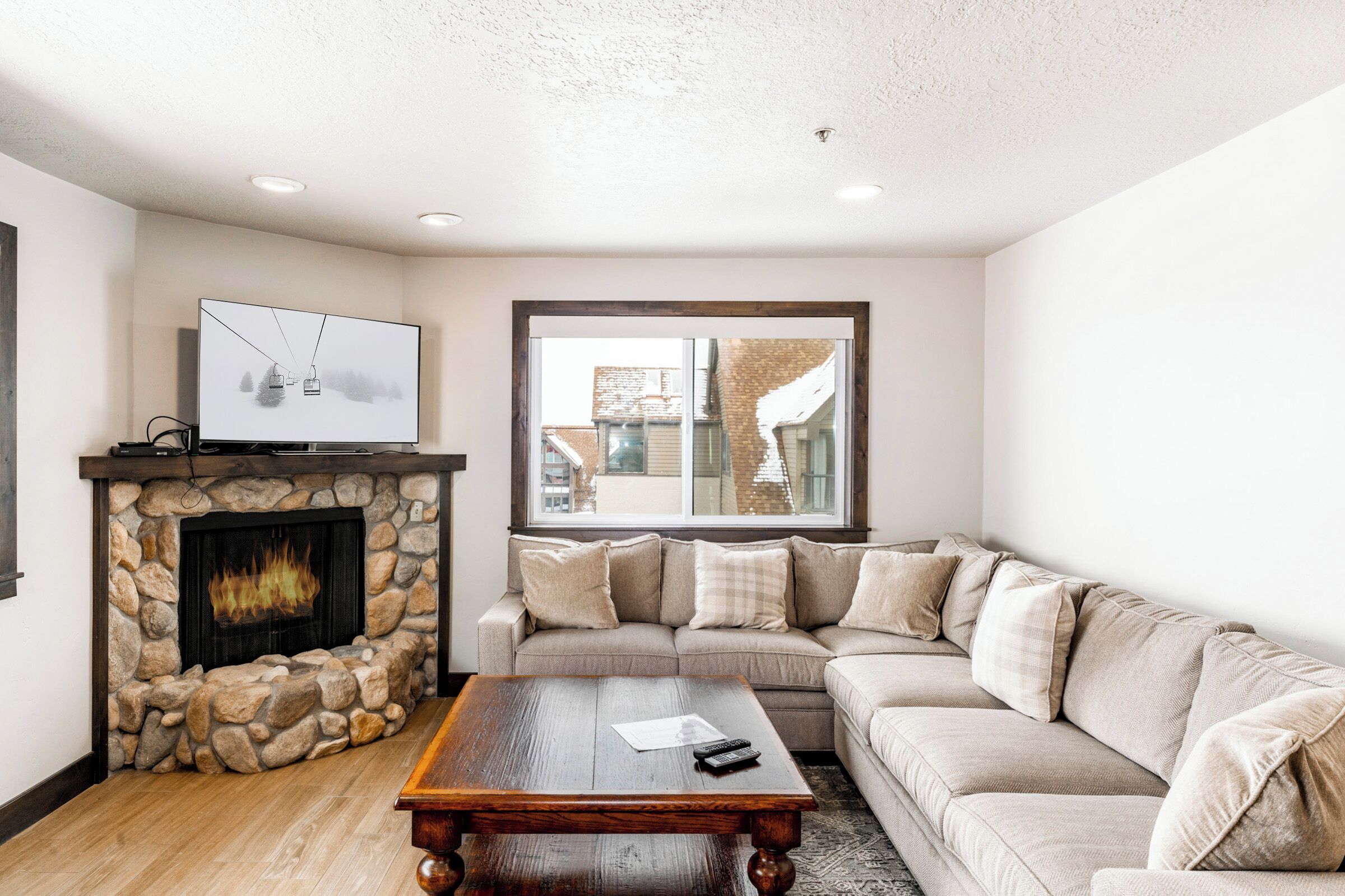 Smart TV, fireplace, DVD player, books