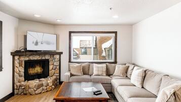 Smart TV, fireplace, DVD player, books