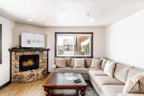 スマートテレビ、暖炉、DVD プレーヤー、書庫