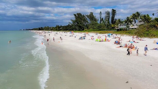 Ein Strand mit badenden und sonnenden Menschen, umgeben von Palmen und Häusern.