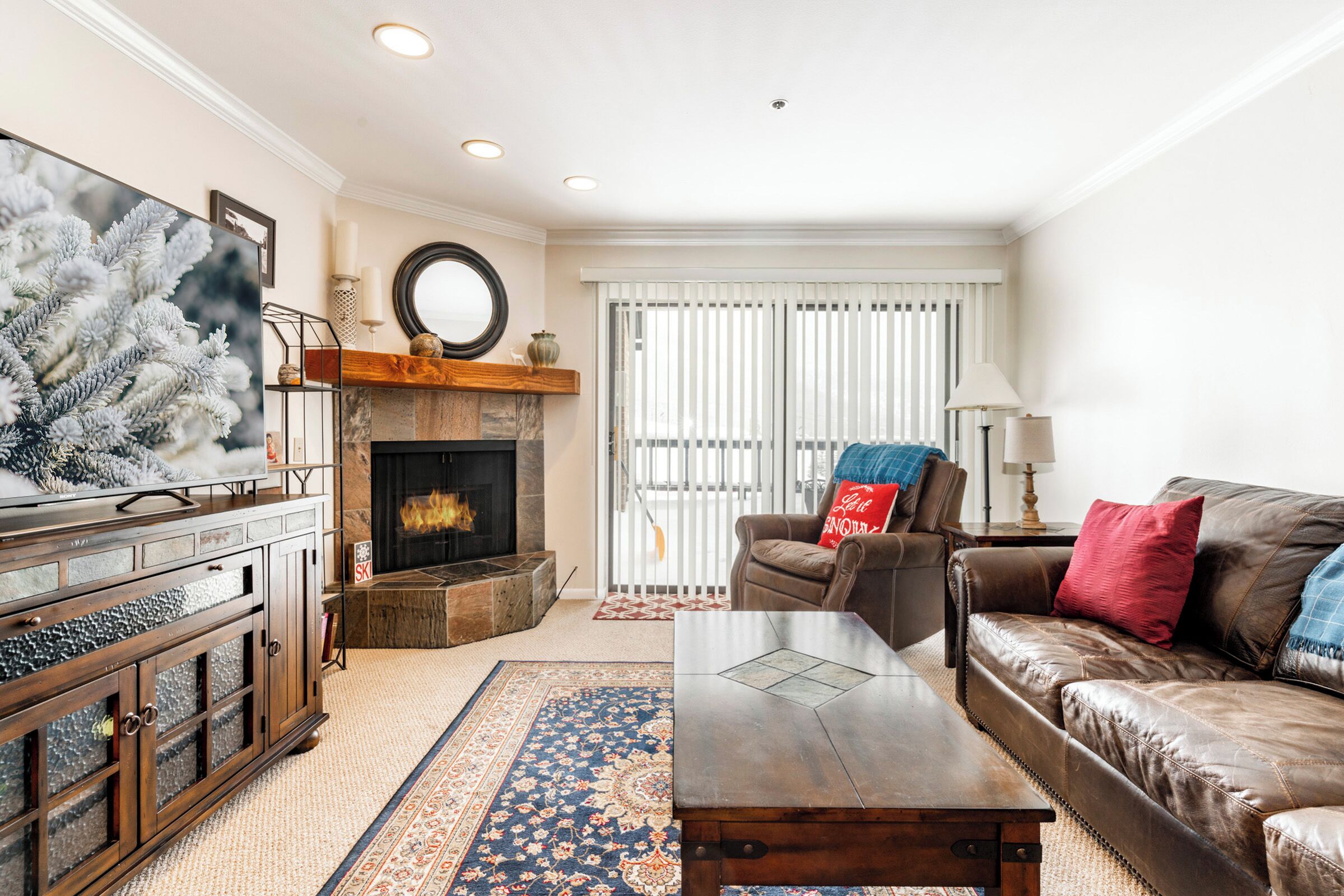 TV connectée, cheminée, lecteur de DVD, livres