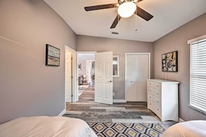 2 bedrooms, desk, laptop workspace, iron/ironing board