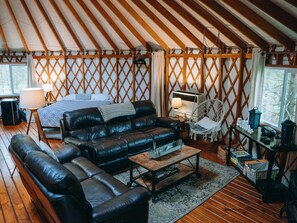 Smart TV, fireplace, video games, DVD player