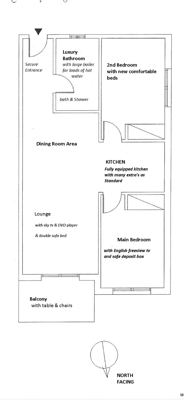 A floor plan of a hotel room with a secure entrance, luxury bathroom, dining area, kitchen, lounge, main bedroom, and balcony.