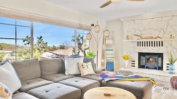 Smart TV, fireplace, DVD player, books