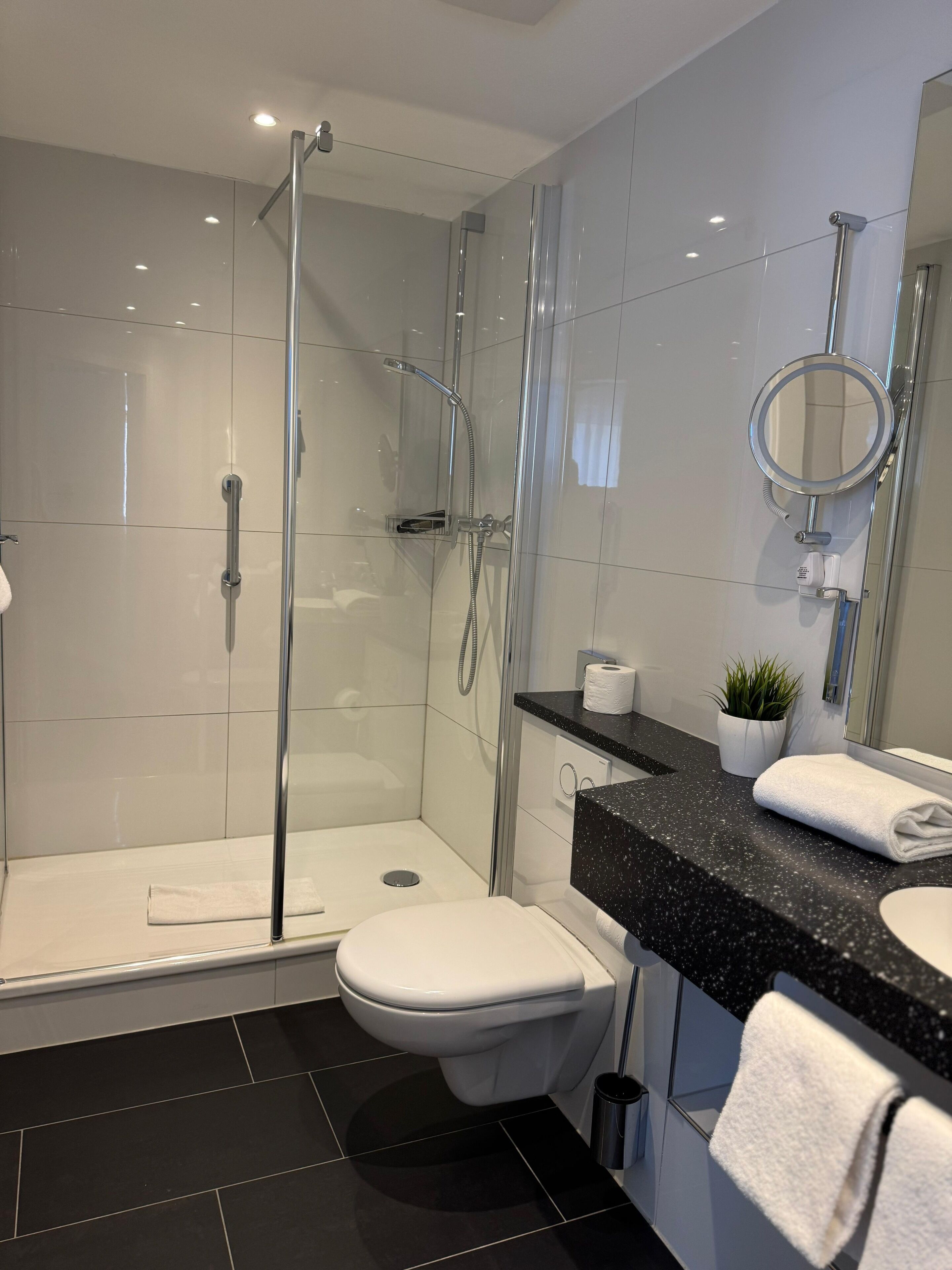 A modern bathroom with a glass-enclosed shower, a white toilet, a black countertop with a sink, and a mirror with a round frame.