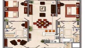 A hotel layout with a central dining area, multiple bedrooms, a kitchen, and a bathroom. - 2Bedroom 3Bath Ocean Presidential Unit (Cabo San lucas)