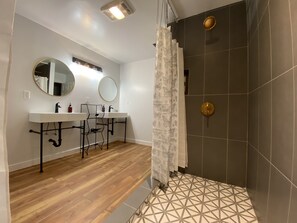 Shower, hair dryer, towels, soap