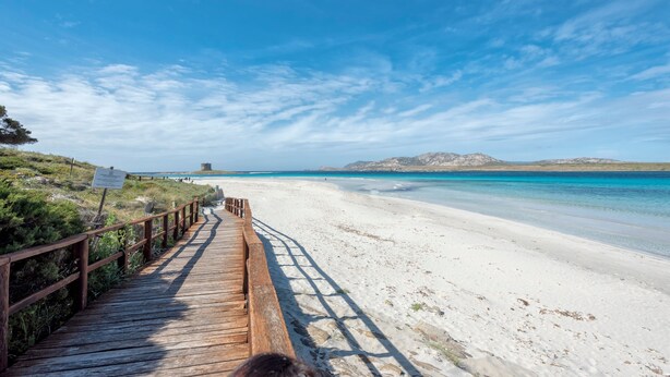 A wooden boardwalk leading to a beach with clear skies and distant mountains.