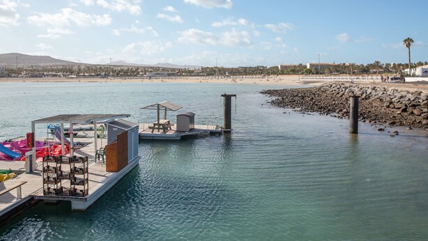 Een jachthaven met boten, een steiger en een strand op de achtergrond.