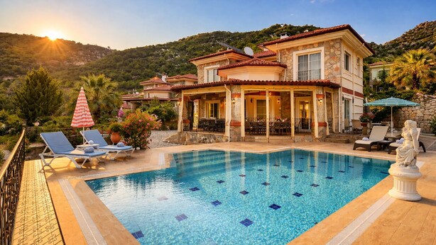 A villa with a swimming pool, outdoor seating, and a view of the surrounding hills. - Stunning Villa Semira, Perfect Condition, Private Pool & 1000m2 Garden,WIFI (Muğla)