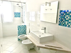 Douche, sĂšche-cheveux, bidet, papier toilette