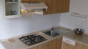 Una cocina con estufa a gas, un lavamanos, armarios de madera y un recipiente de acero inoxidable.
