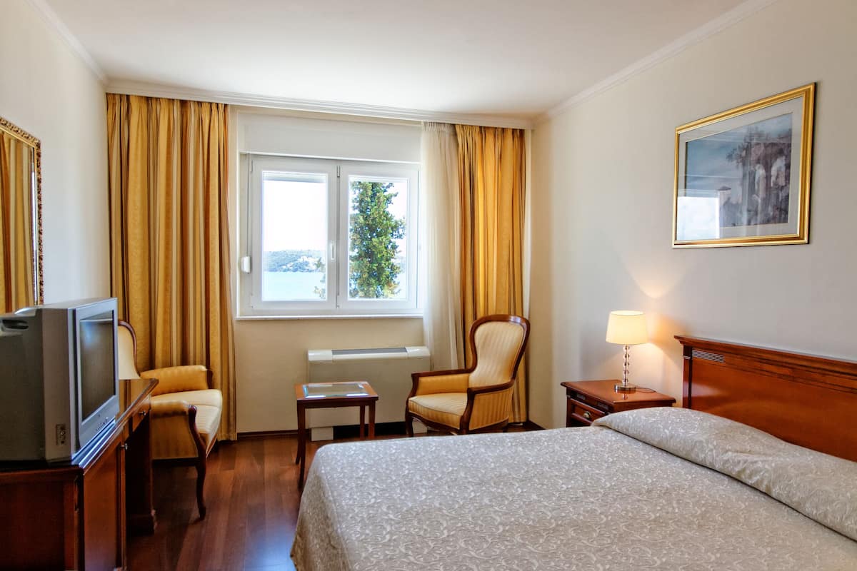 A hotel room with a large bed, a desk with a chair, a television, and a window with curtains.