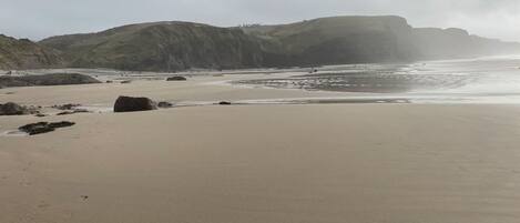 A beach with a sandy shore, scattered rocks, and a hilly landscape in the background.