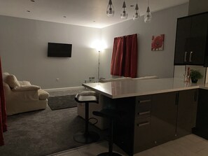 TV connectée, cheminée, livres