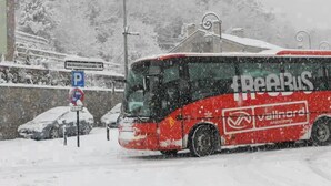 A red bus with 'FreeBus' and 'Vallnord' logos, parked on a snowy road. - Appartement 1.1 (Erts)