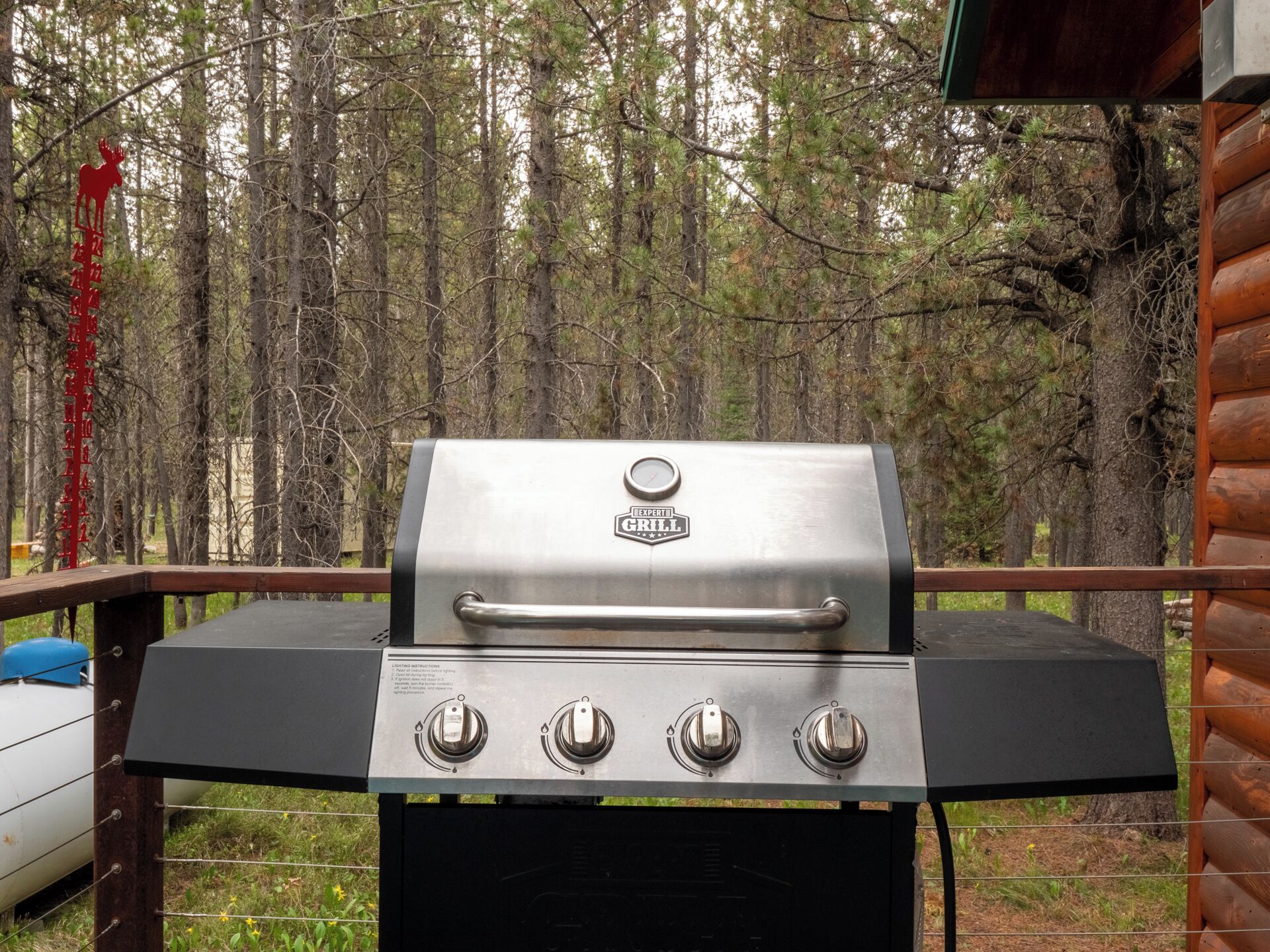 Ein Grill mit vier Brennern und einem digitalen Thermometer, vor einer Waldlandschaft.