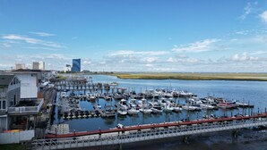 Een jachthaven met veel boten afgemeerd, een brug en gebouwen op de achtergrond.