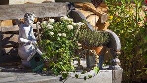 Een tuin met een houten bankje, een vogelhuisje, een bloempot en een hartvormige metalen decoratie.