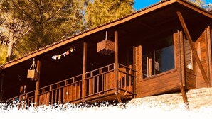 Une cabane en bois dotée d’un balcon, de grandes fenêtres et d’un panier suspendu.