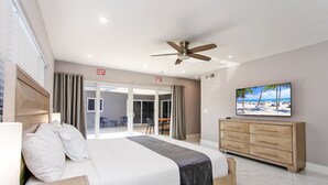 Een moderne hotelkamer met een groot bed, een plafondventilator, een televisie en uitzicht op het strand door de schuifdeuren.