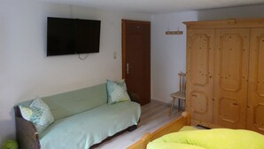 A room with a sofa, a television mounted on the wall, a wooden wardrobe, and a door.