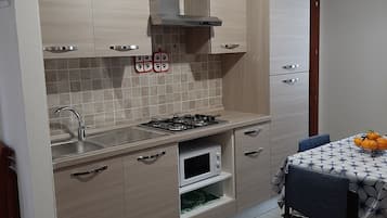 Kühlschrank, Mikrowelle, Herdplatte, Kochgeschirr/Geschirr/Besteck