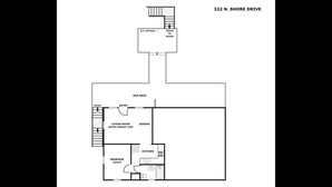 Plano de planta de una propiedad en 322 N. Shore Drive, que incluye salón, comedor, cocina, dormitorio y ducha accesible que da a la playa.