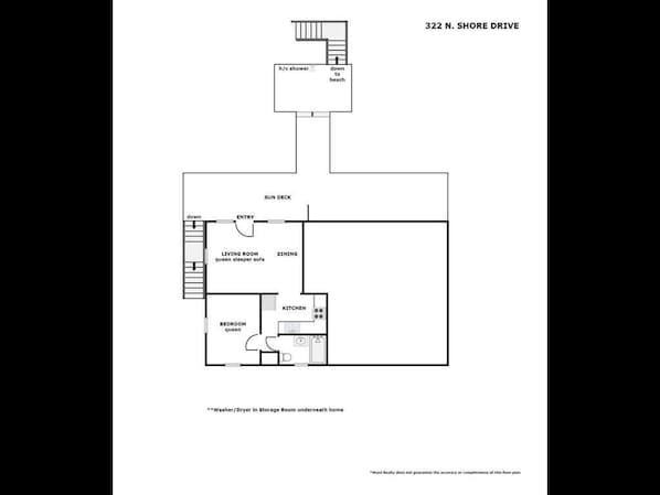 Plano de planta de una propiedad en 322 N. Shore Drive, que incluye salón, comedor, cocina, dormitorio y ducha accesible que da a la playa.
