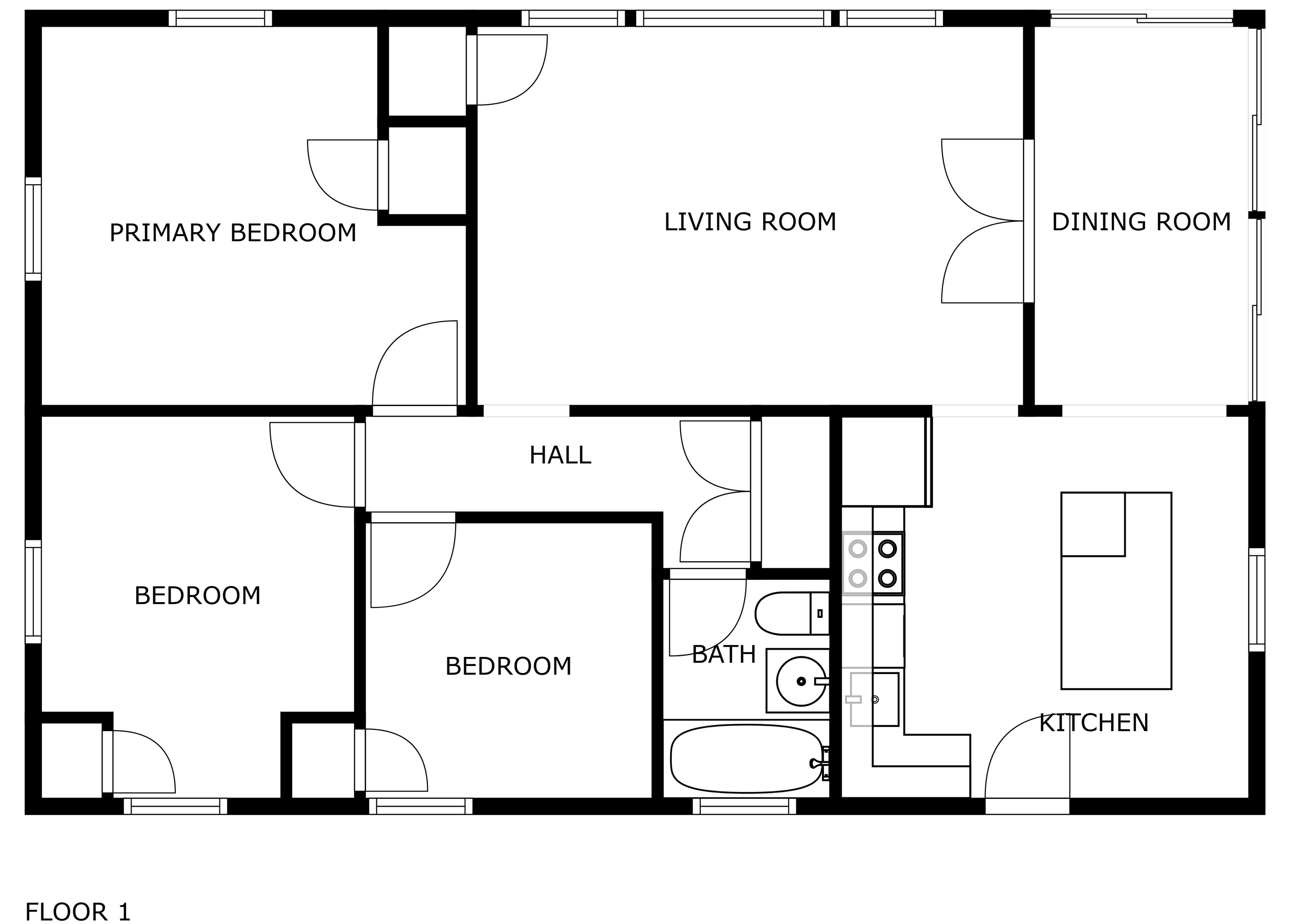 Ein Grundriss eines Hauses mit Hauptschlafzimmer, Wohnzimmer, Esszimmer, zwei Schlafzimmern, einer Diele, einem Badezimmer und einer Küche.