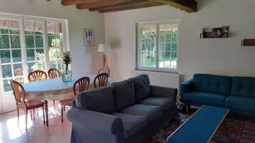 Télévision, cheminée, table de tennis de table, livres