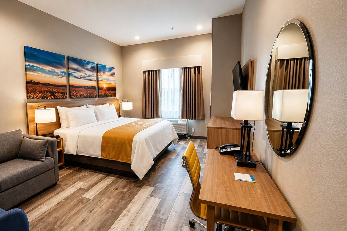 A hotel room with a bed, a sofa, a desk, a mirror, and a painting on the wall.