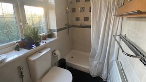 A bathroom with a toilet, shower, and a window with plants. - 2-bed Apartment in High Wycombe Private Garden (High Wycombe)