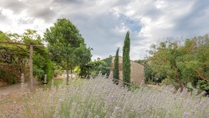 Un jardin agrémenté de plantes de lavande, un bâtiment en pierre et une pergola.