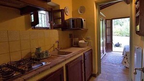 Une cuisine équipée d’une cuisinière à gaz, de meubles de rangement en bois, d’un four à micro-ondes et d’une fenêtre.