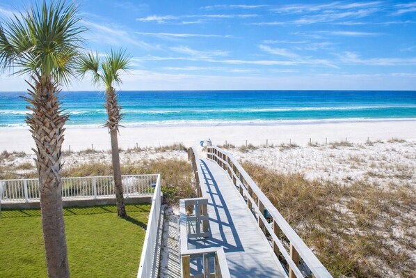 On the beach, sun loungers