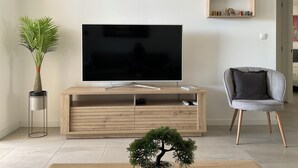 Ein modernes Wohnzimmer mit einem Flachbildfernseher auf einem Holz-TV-Möbel, einer Topfpflanze, einem kleinen Bonsai-Baum und einem grauen Sessel.