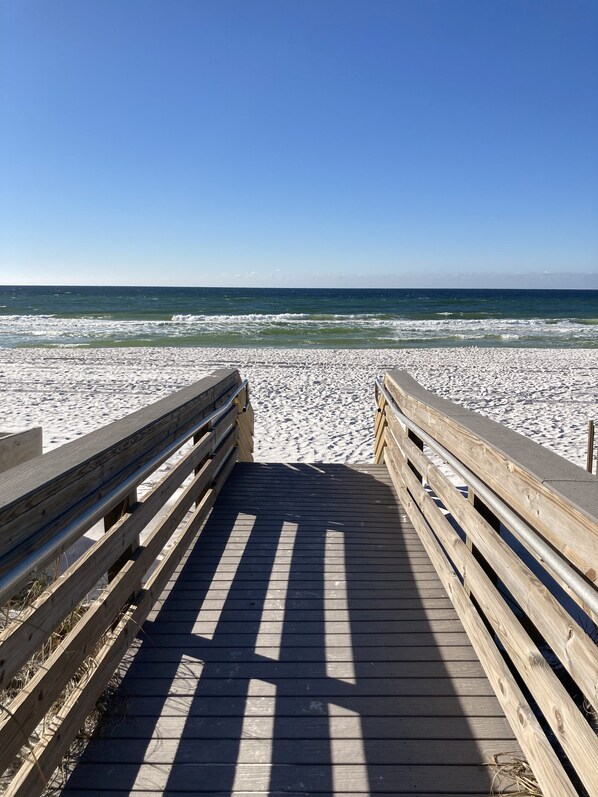 On the beach, sun loungers