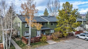 A green two-story house with a front deck, a driveway, and a parked car. - On Free City Bus Route! Hot Tub! Fireplace! (Steamboat Springs)