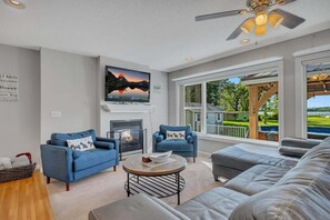 TV, fireplace, books
