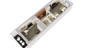 Ein 3D-Grundriss eines Hotelzimmers mit einer Küchenzeile, einem Badezimmer, einer Wohnbereits mit einer Couch und einem Fernseher sowie einem kleinen Essbereich.
