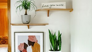Een hoek van een kamer met een lijstwerk, een potplant en een plank met een bordje.