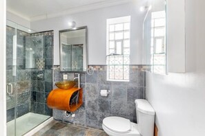 Bathtub, hair dryer, towels, shampoo