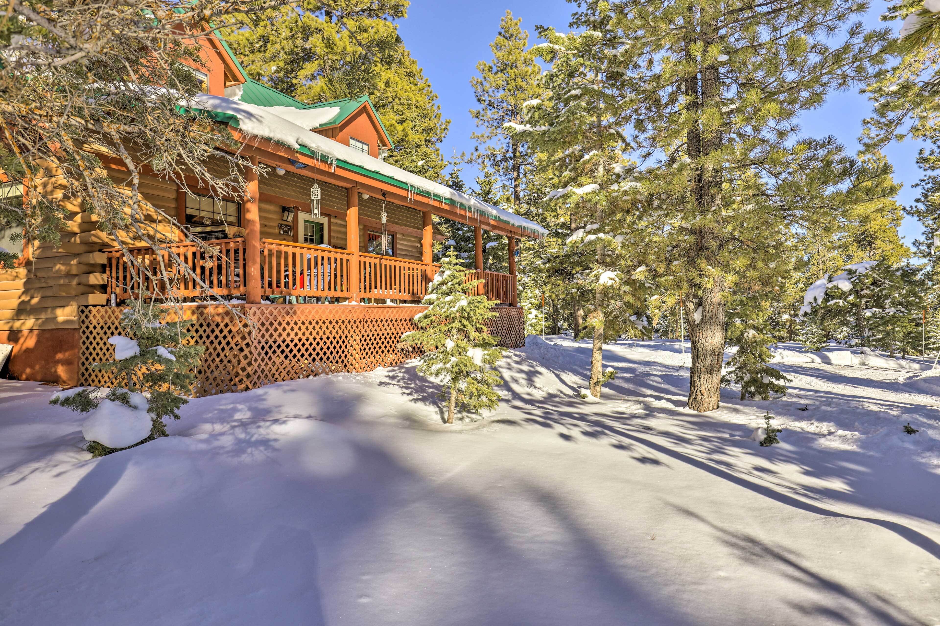A log cabin with a porch and snow-covered ground.